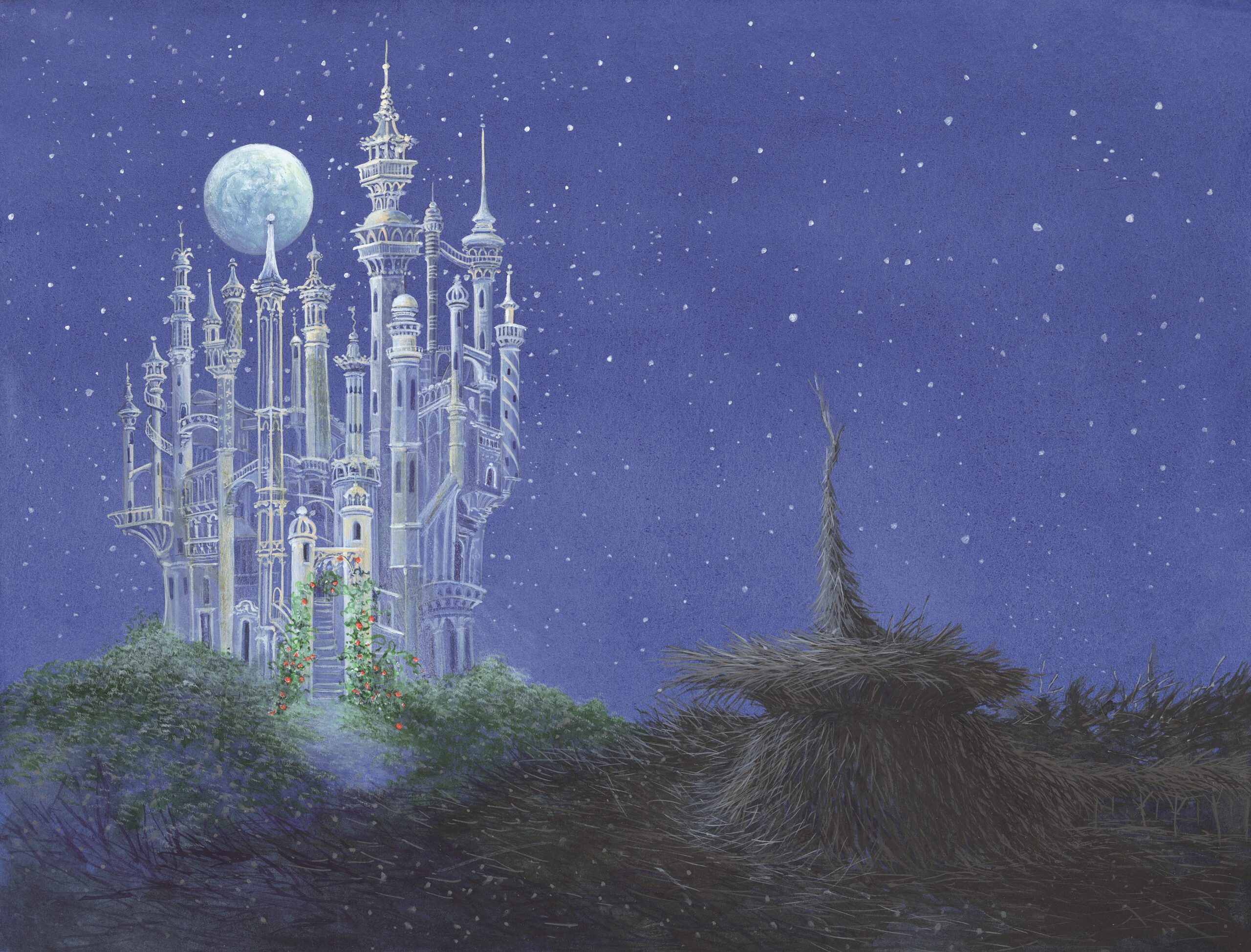 Illustratie van het paleis van de elfenkoning door Charlotte Dematons uit Paul Biegels 'Nachtverhaal'