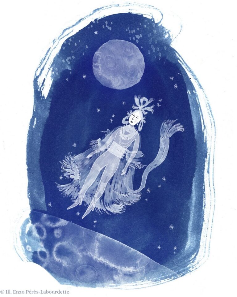 Illustratie Enzo Pérès-Labourdette, De vrouw op de maan uit Aziatische sprookjes (Pete Wu)