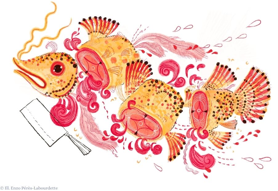 Illustratie Enzo Pérès-Labourdette in stukken gehakte vis uit Aziatische sprookjes (Pete Wu)